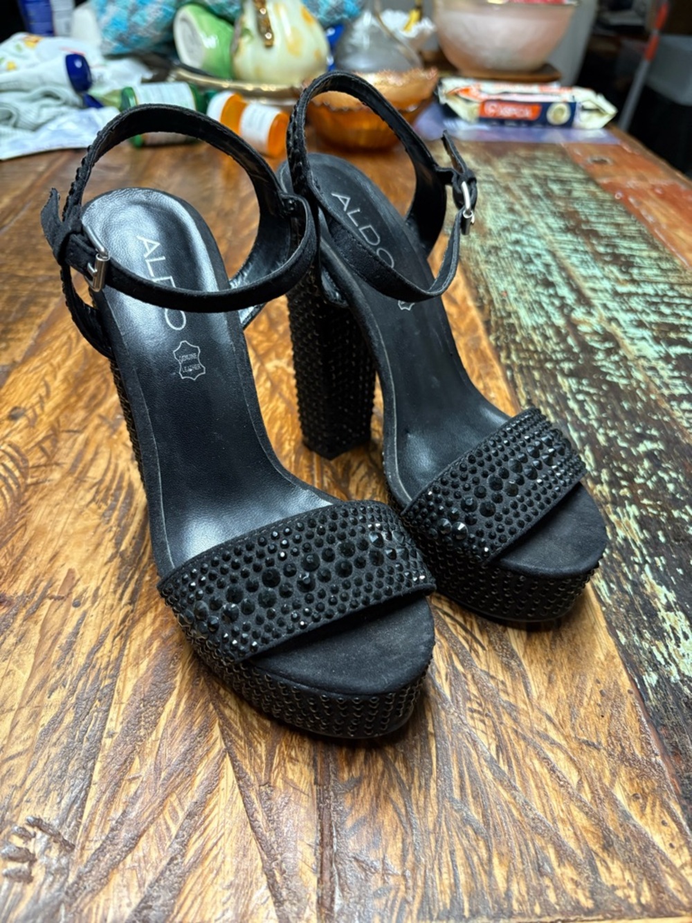 Y2K Aldo Black Mini Rhinestone Studded Platform Ankle-Strap Leather Heels Size 6 - Picture 3 of 11